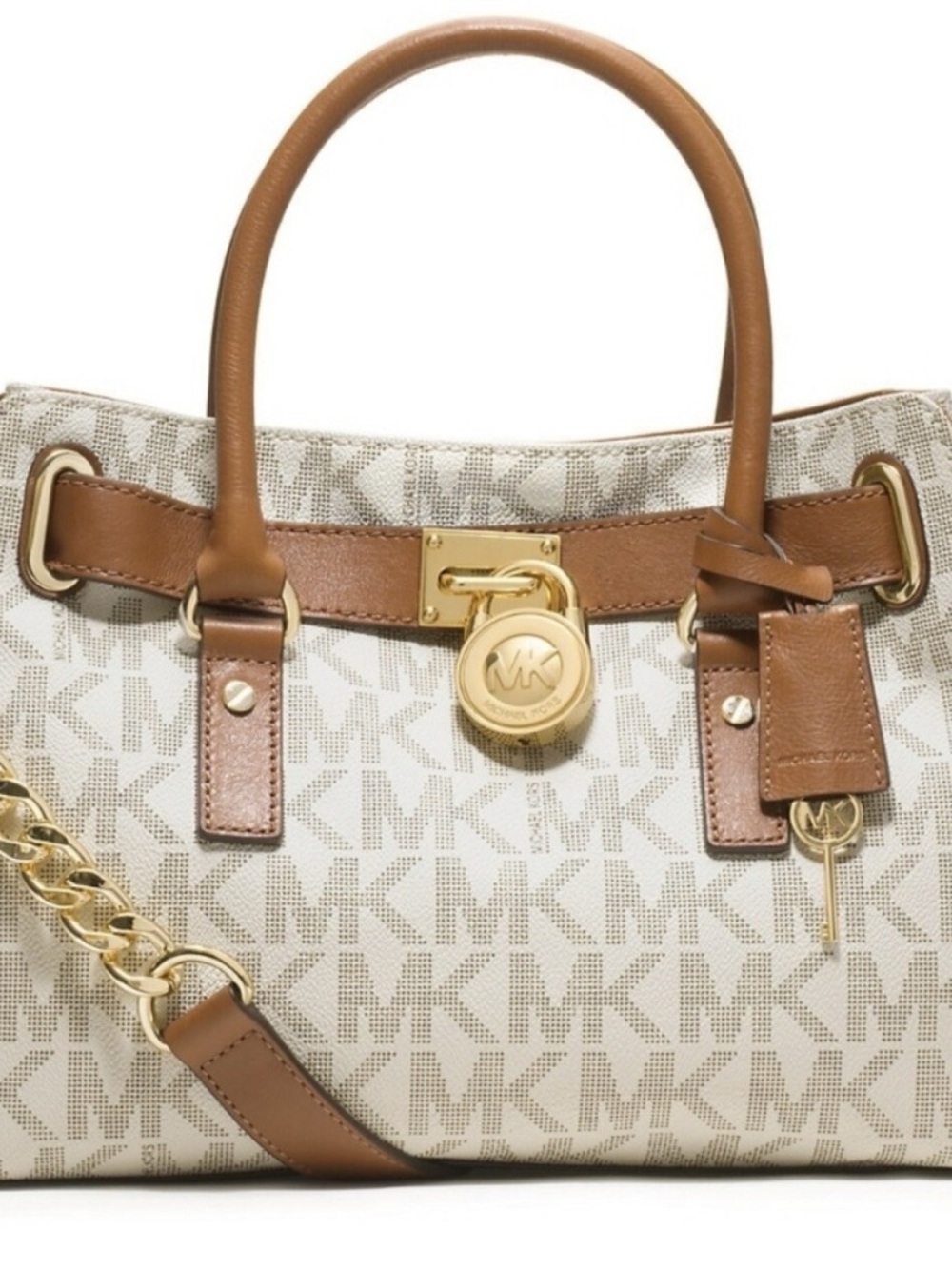Michael Kors Cream Signature MK Canvas Tote with Brown Leather Trim